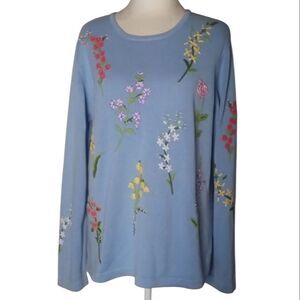 The Quacker Factory Blue All Over Floral Embroidered Cotton Blend Sweater Large